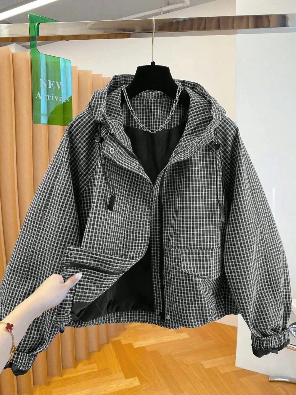 Black And White Casual Women's Grid Plaid Hooded Jacket